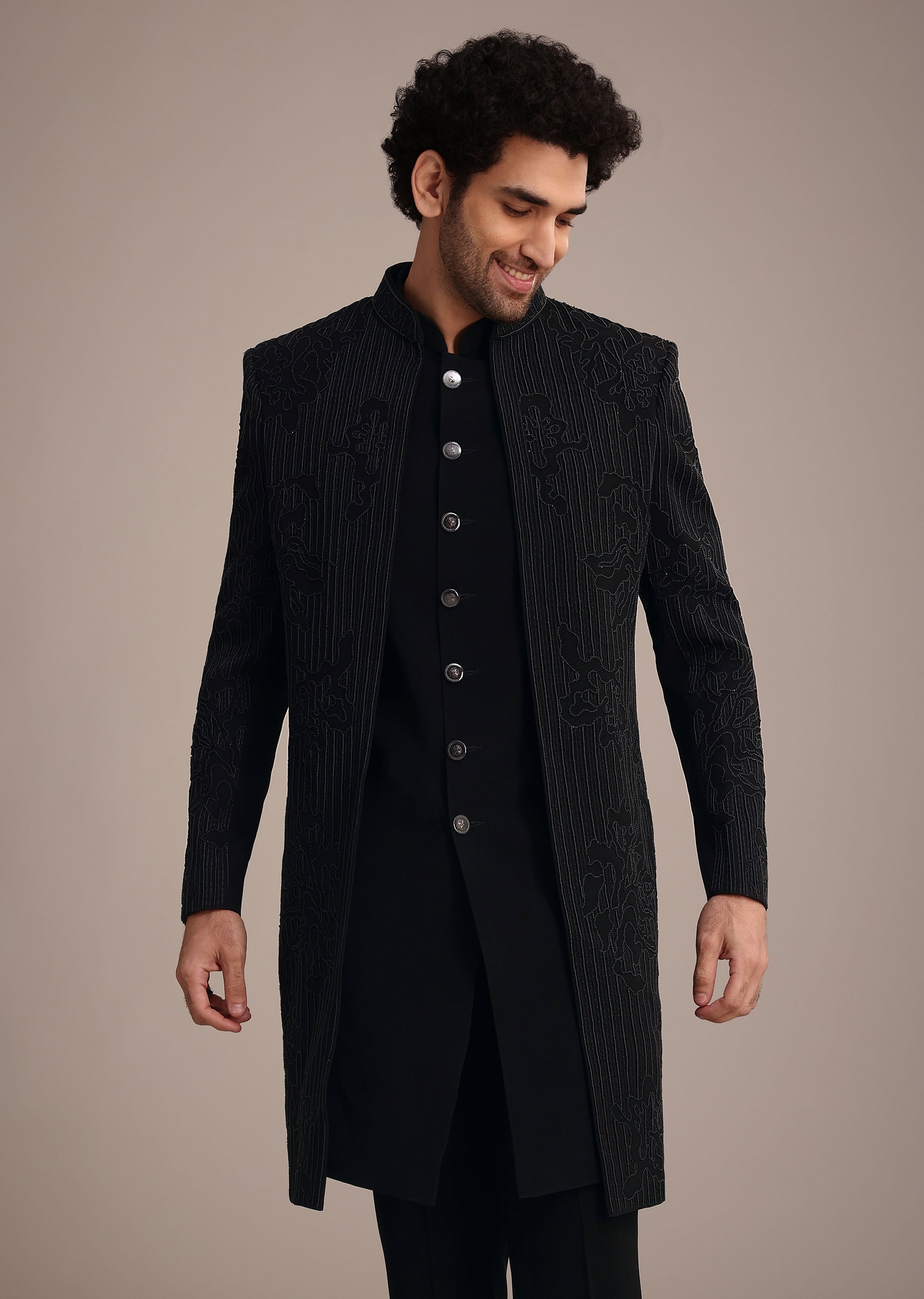 Black Indowestern Suit With Poth Work