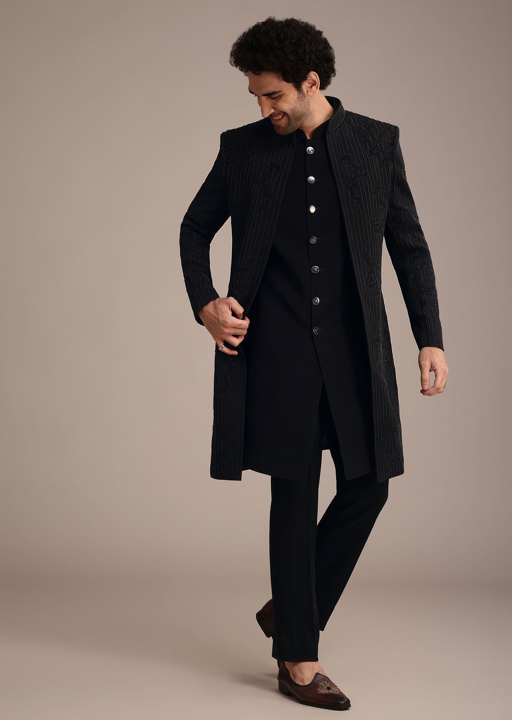 Black Indowestern Suit With Poth Work