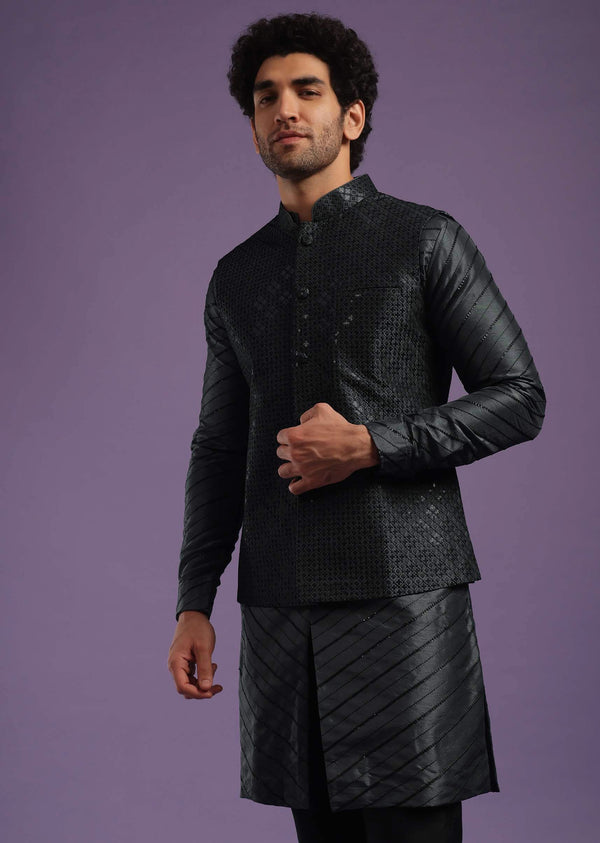 Black Jacket Kurta Set In Cotton Silk With Sequins And Thread Work