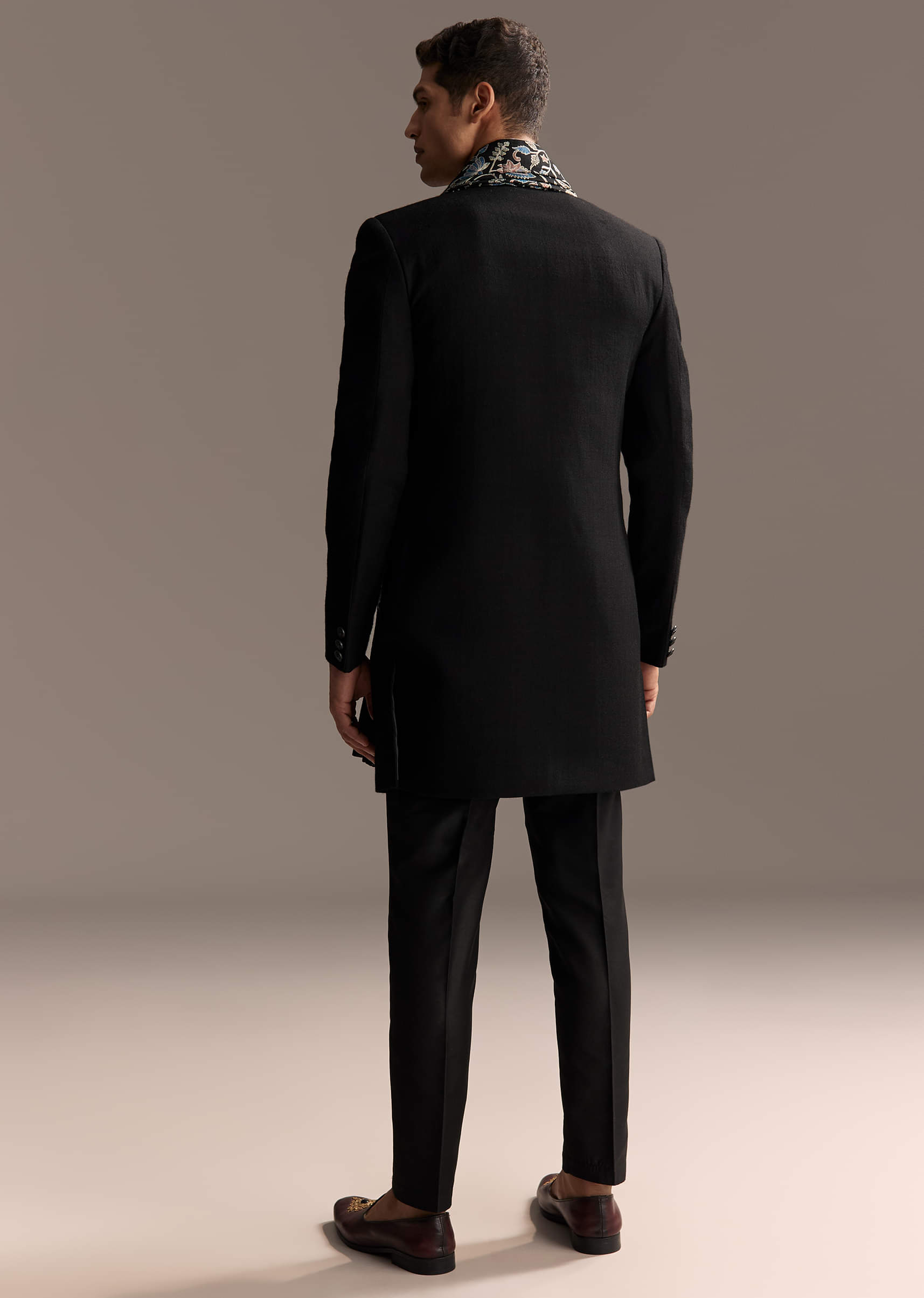 Black Jacquard Indo Western Set For Men With Embroidered Stole