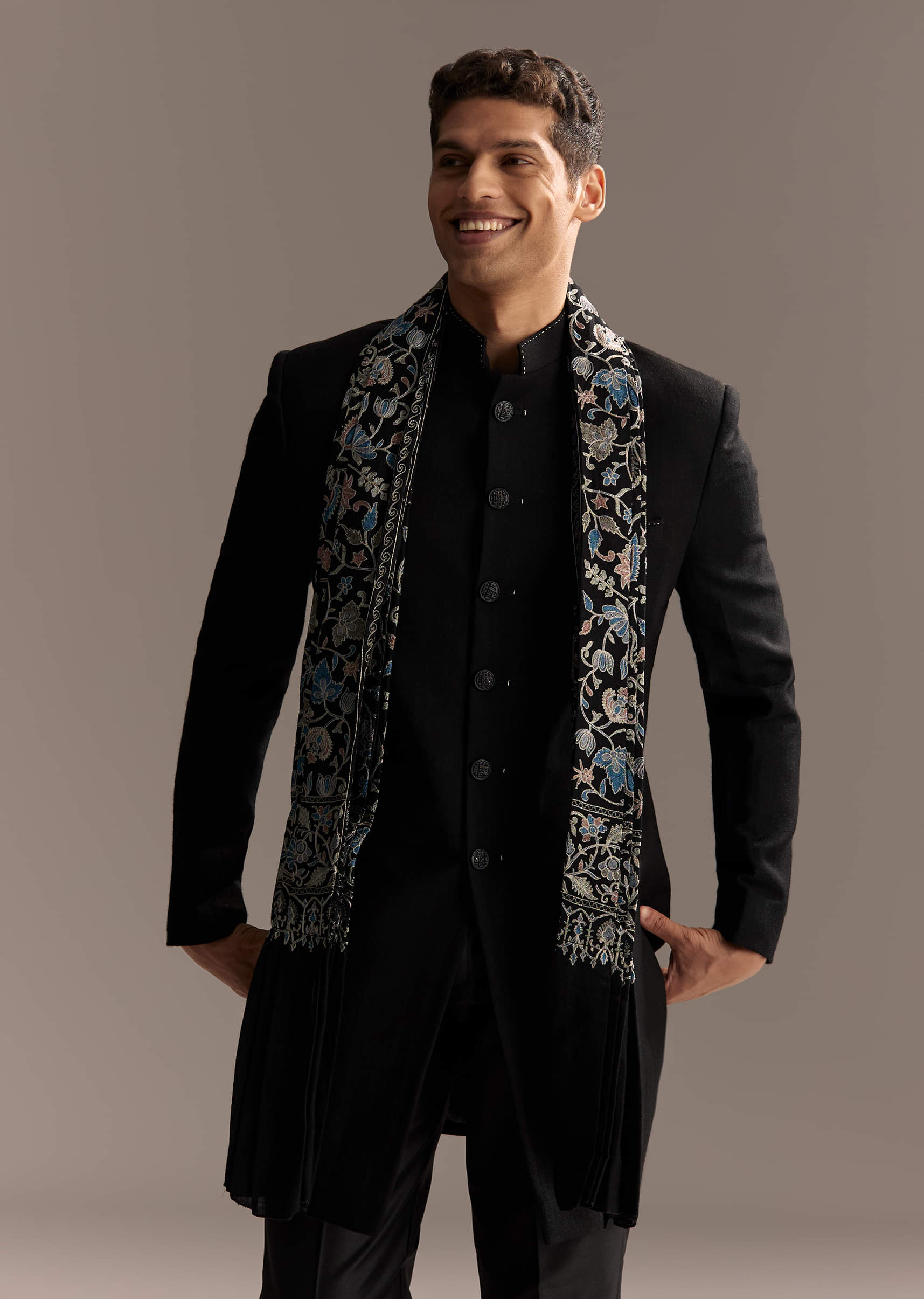 Black Jacquard Indo Western Set For Men With Embroidered Stole