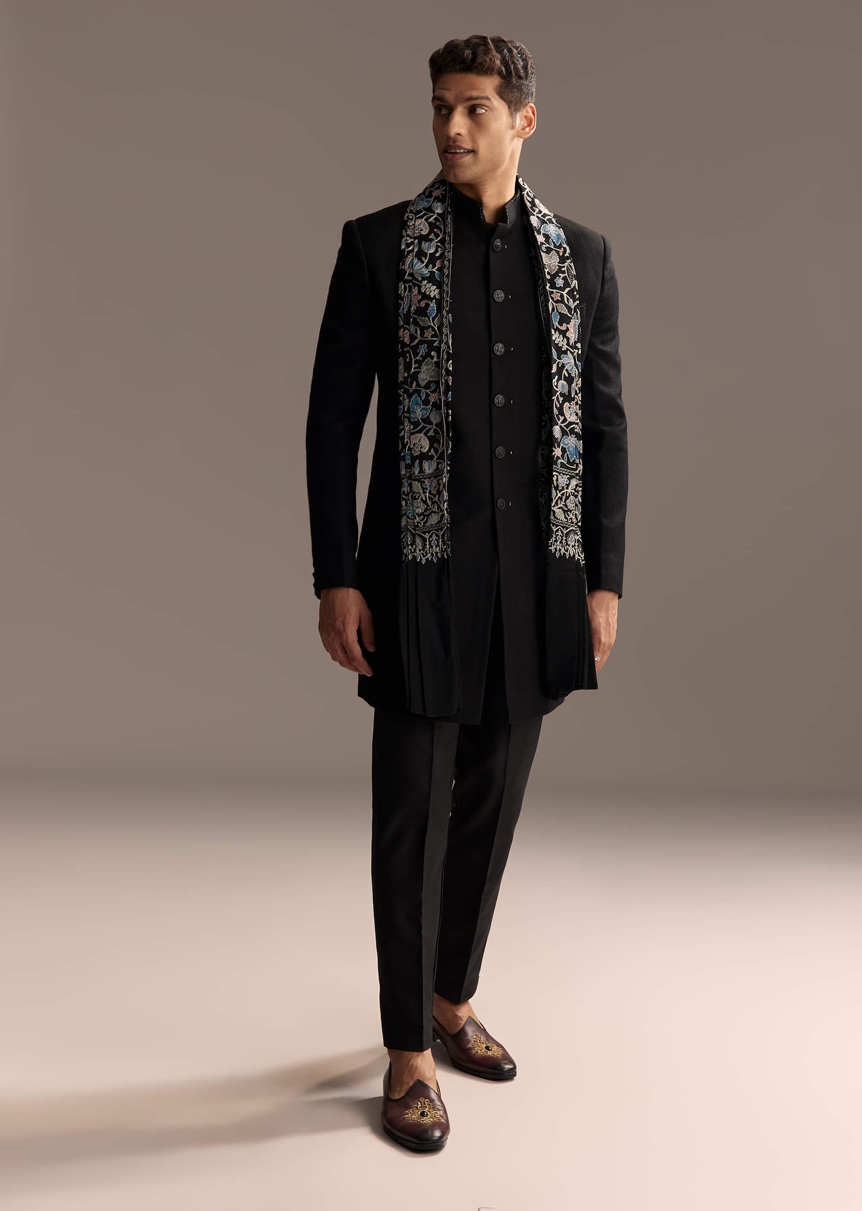 Black Jacquard Indo Western Set For Men With Embroidered Stole