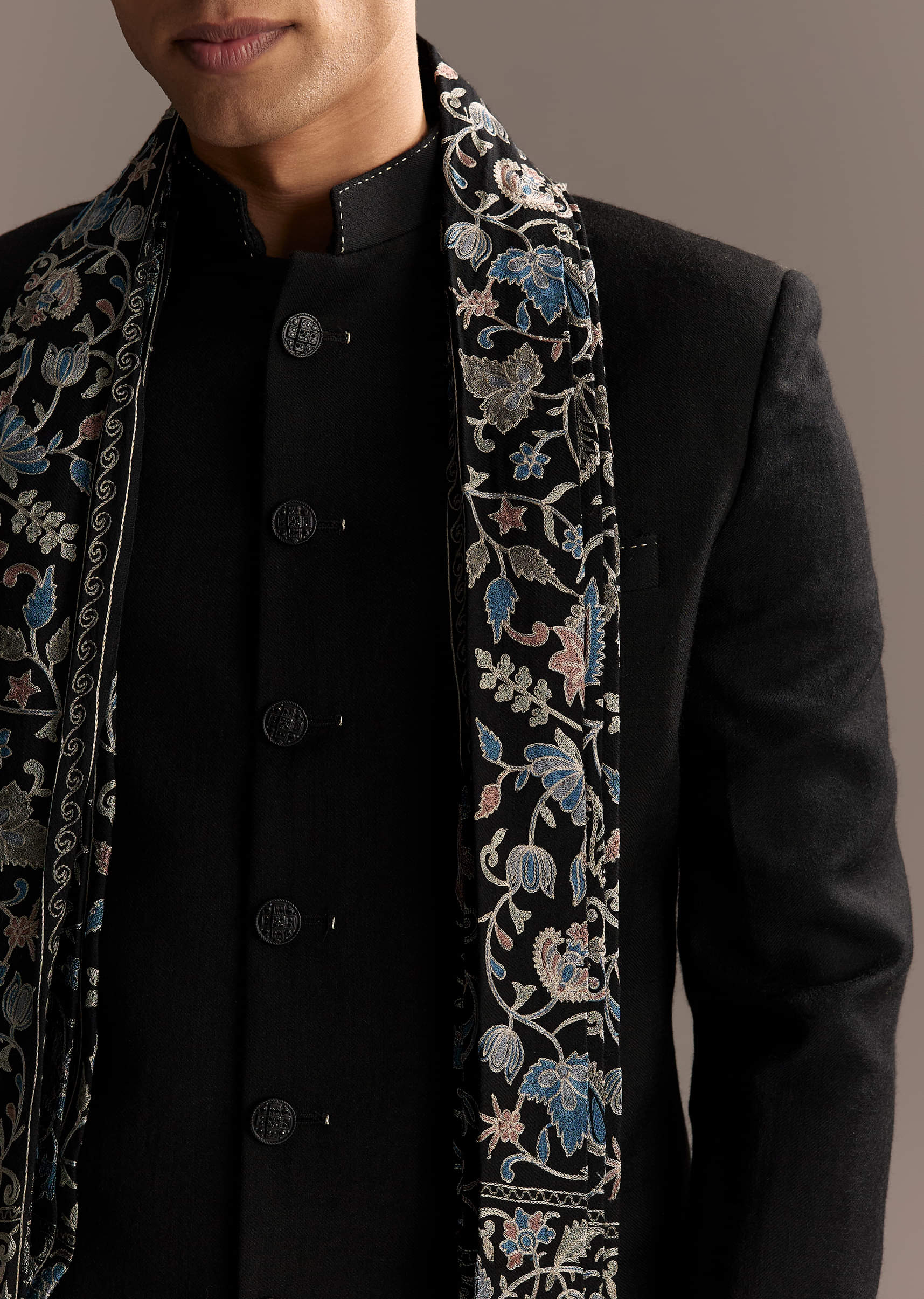 Black Jacquard Indo Western Set For Men With Embroidered Stole
