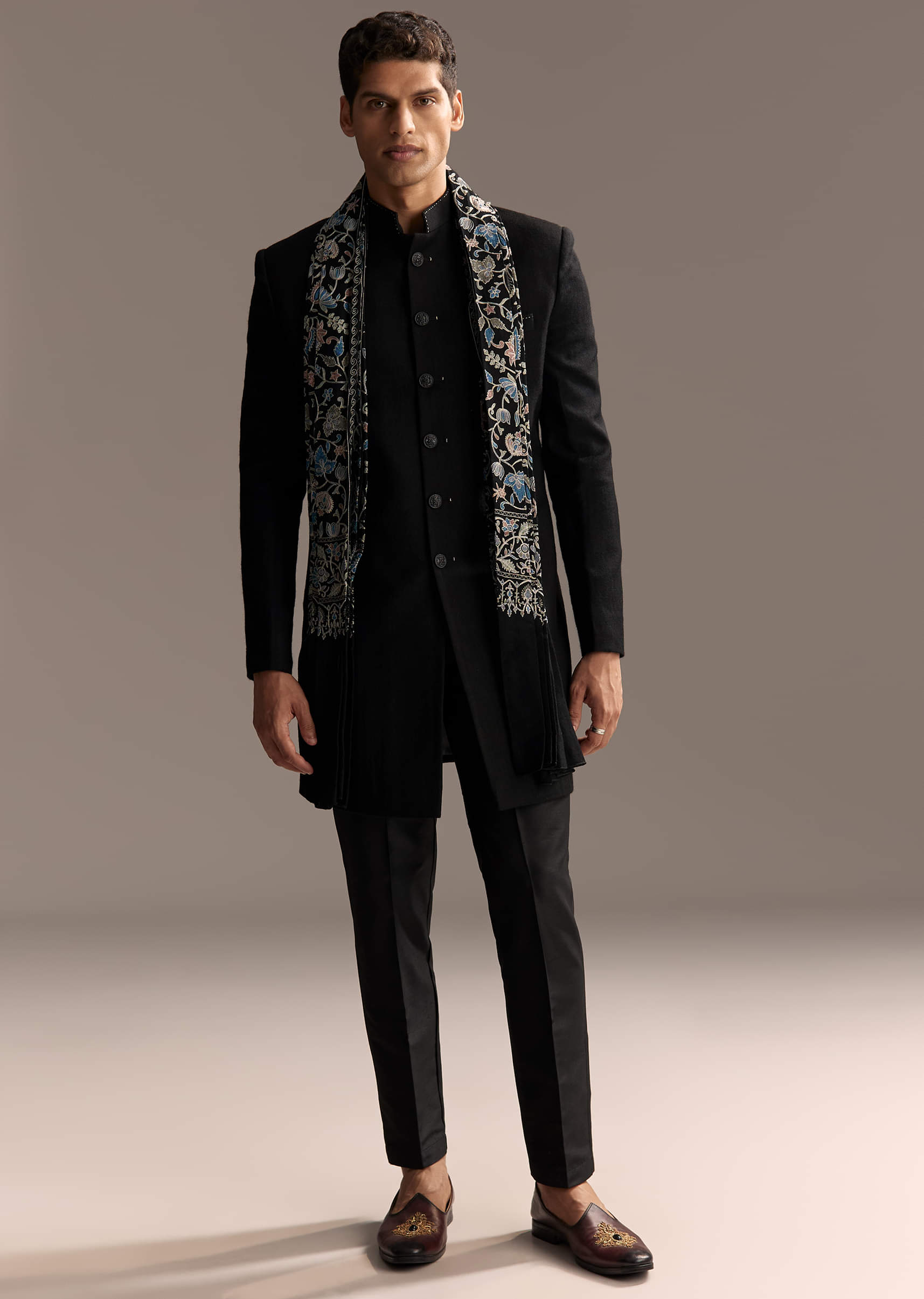 Black Jacquard Indo Western Set For Men With Embroidered Stole