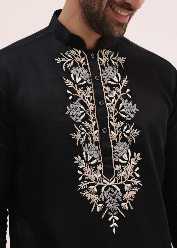 Black Linen Kurta Set With Resham Work For Men