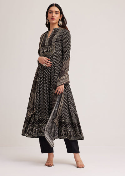 Black Printed Anarkali Set With Dupatta