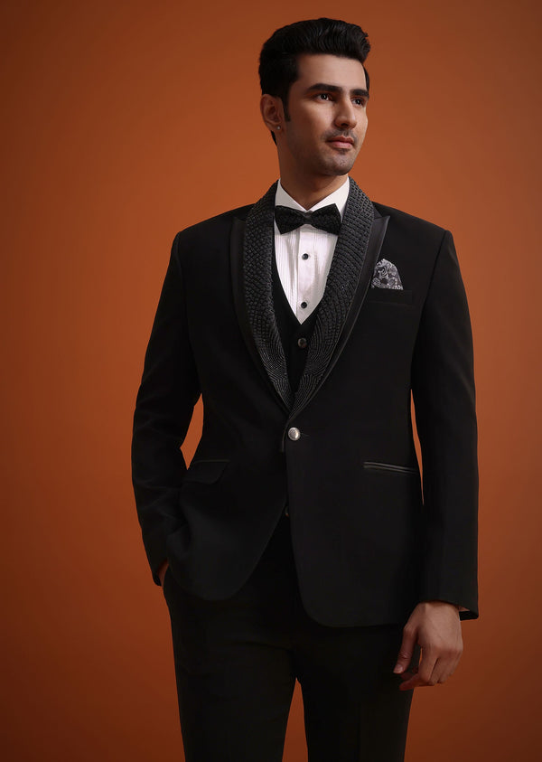 Black Resham Work Tuxedo And Pant Set