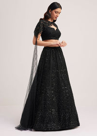 Black Sequin Embellished Lehenga Choli Set With Cape