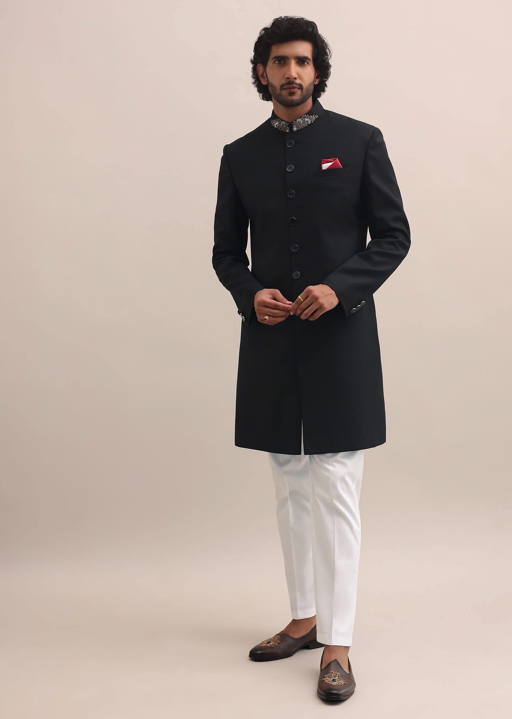 Black sherwani with intricate embroidered collar