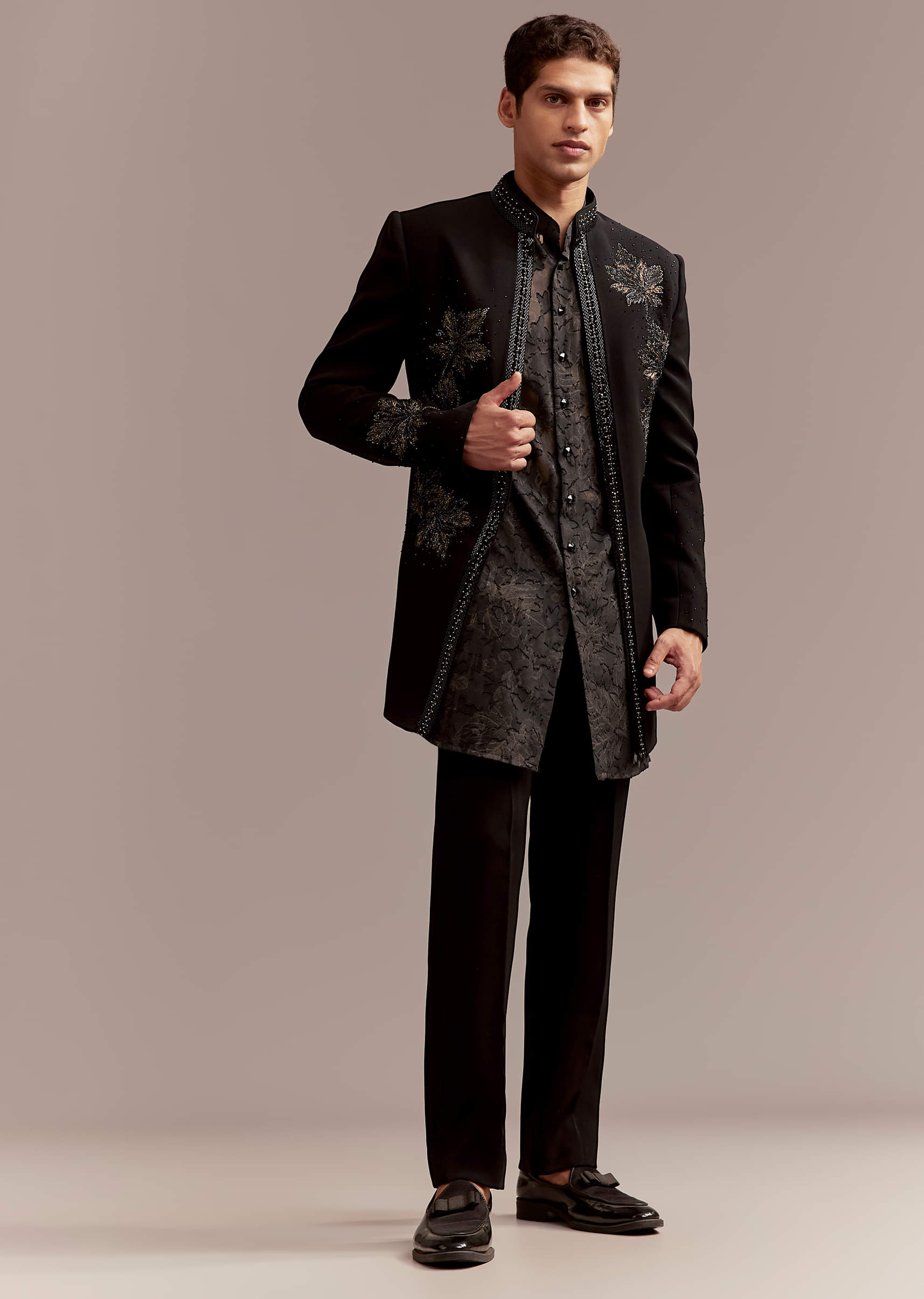 Black Silk Indo Western Set For Men With Intricate Leaf Embroidery