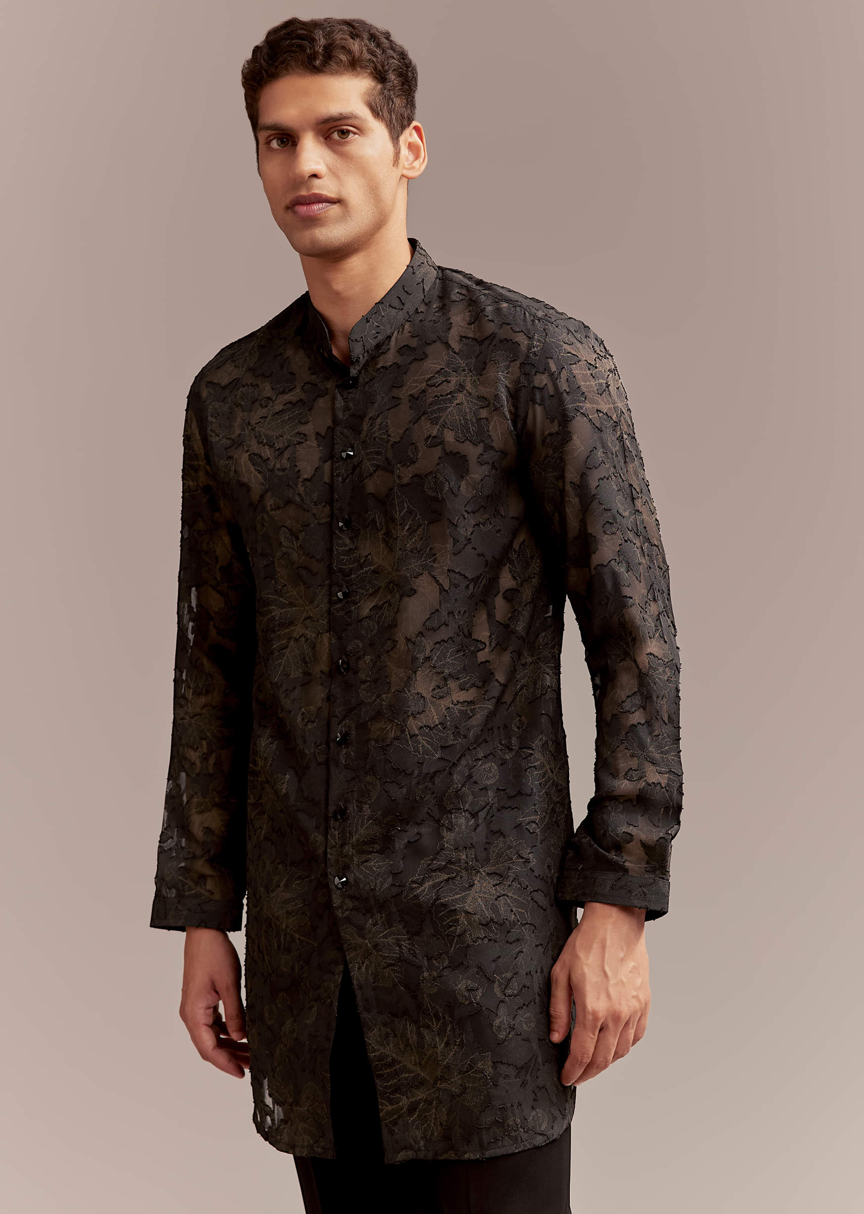 Black Silk Indo Western Set For Men With Intricate Leaf Embroidery
