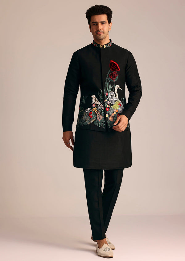 Black Silk Indo Western Set With Resham Embroidery