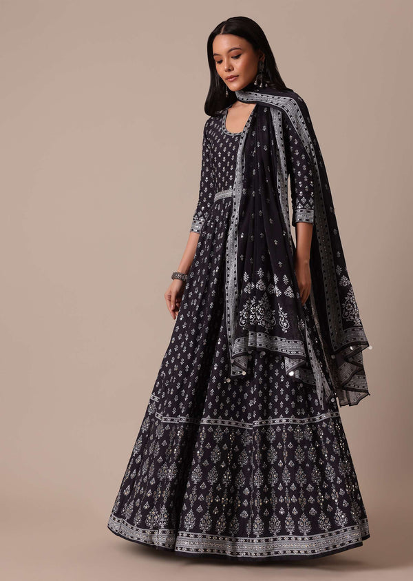 Black Silk Printed Anarkali Set