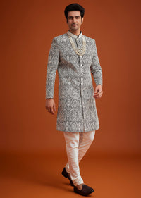 Black Silk Sherwani Set With Embroidery And Bead Work