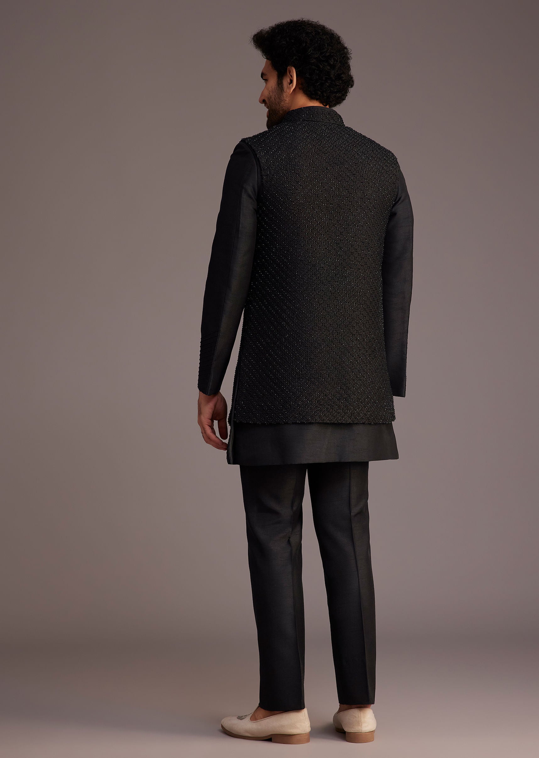 Black Textured Bandhgala With Embellished Full Sleeve Jacket