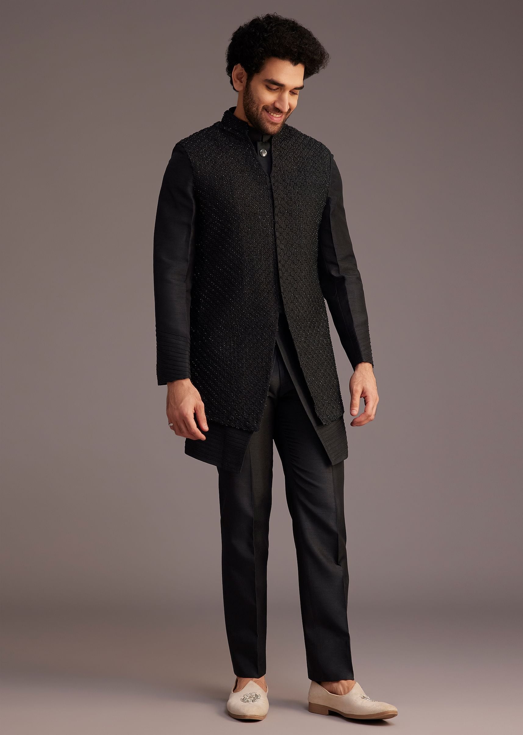 Black Textured Bandhgala With Embellished Full Sleeve Jacket