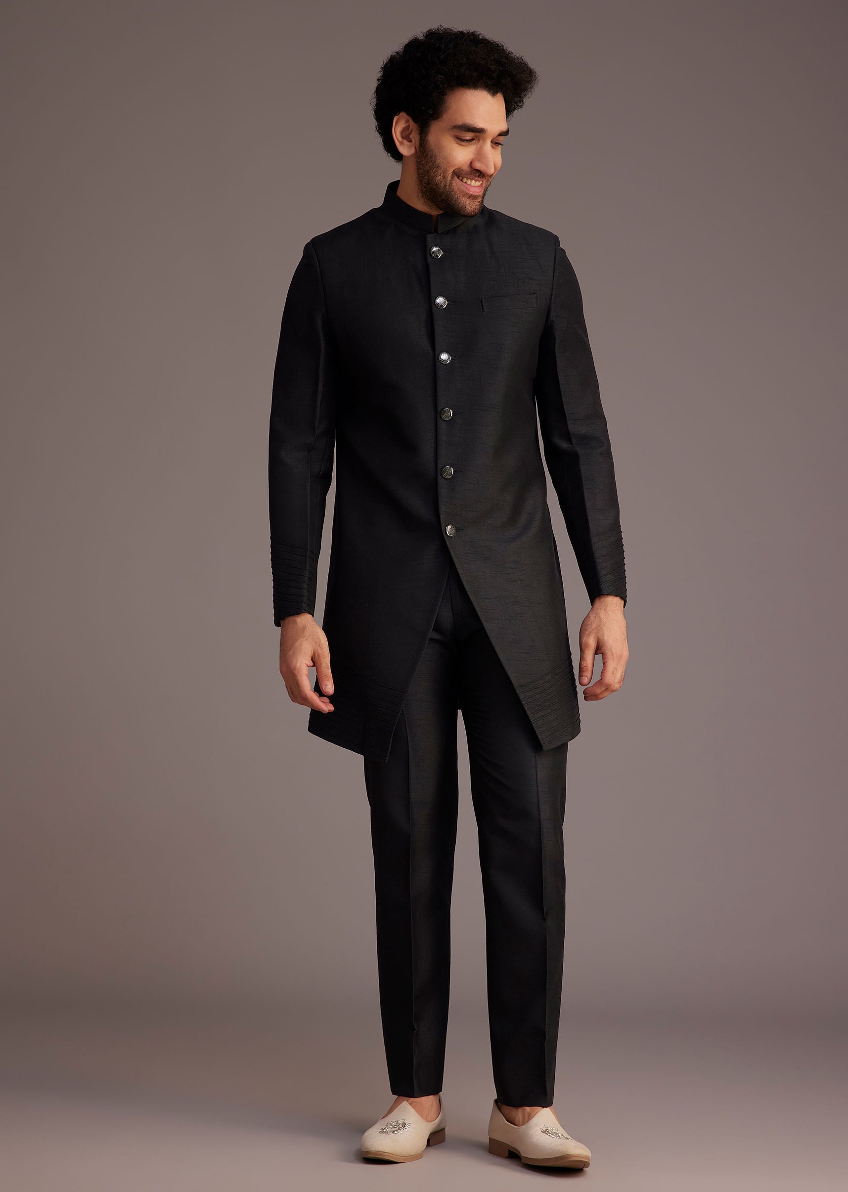 Black Textured Bandhgala With Embellished Full Sleeve Jacket