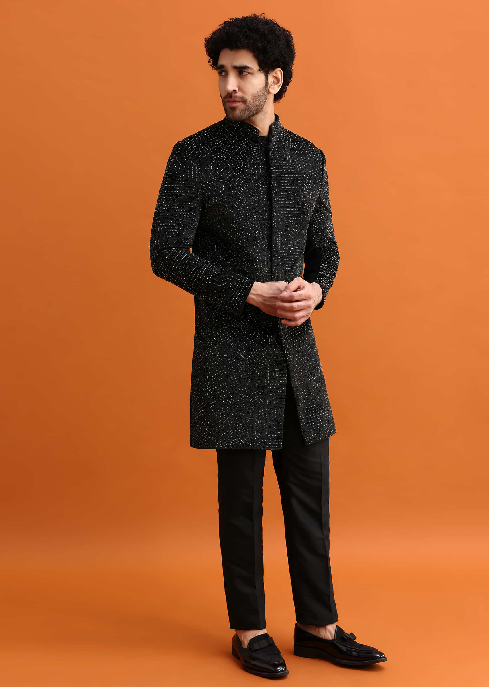 Black Velvet Indowestern Set With Hand Work For Men