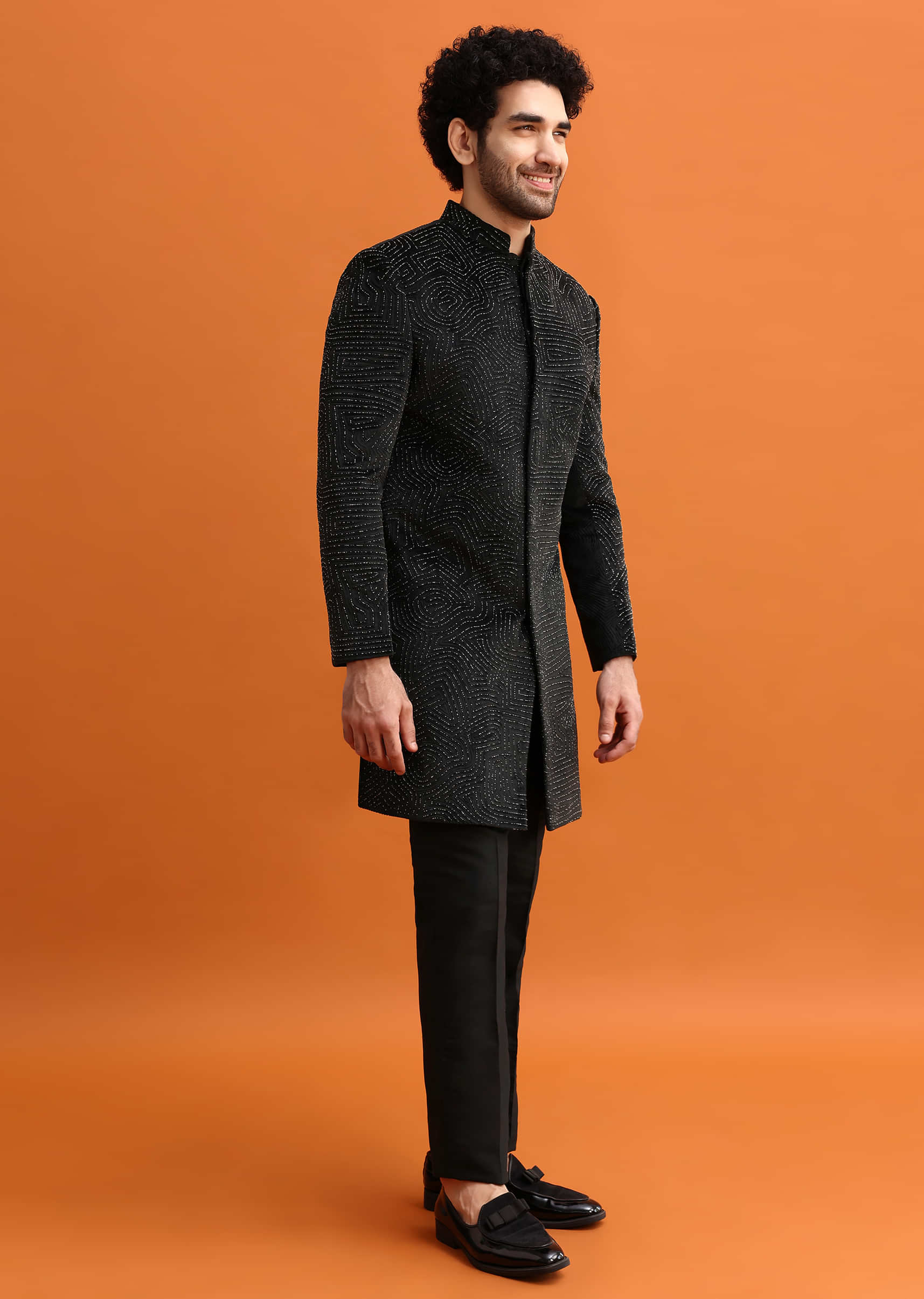 Black Velvet Indowestern Set With Hand Work For Men