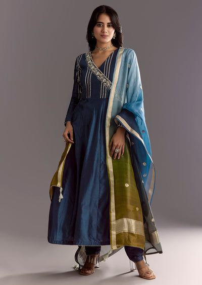 Blue Angrakha Style Anarkali Suit With Butti Work Ombre Dupatta