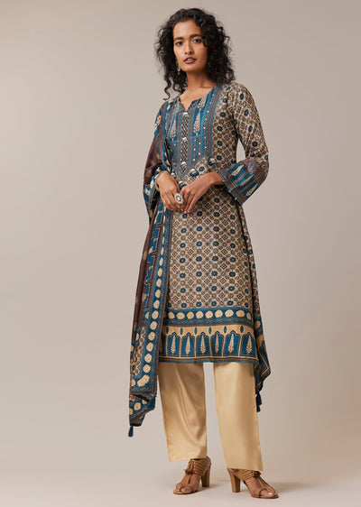 Blue Asymmetric Indie Print Silk Kurta Set