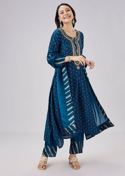 Blue Banarasi Bandhani Silk Kurta Set With Dupatta