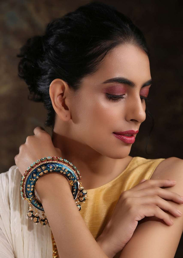 Blue Bangle Featuring Hand Painted Minakari And Traditional Punjabi Jadau Work With Shell Pearls By Paisley Pop