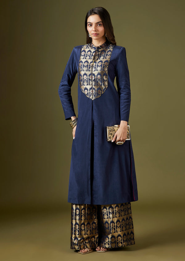 Blue Brocade Kurta Palazzo Set