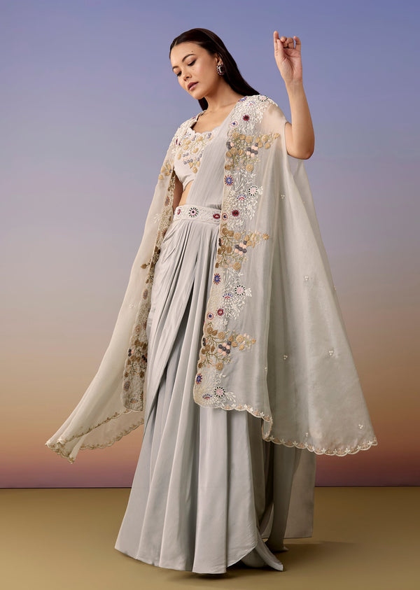 Blue Cape Pre Draped Saree Set