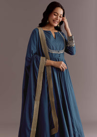 Blue Chanderi Anarkali Dupatta Suit With Gotta And Moti Detail