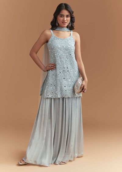 Blue Chinon Palazzo Suit With Intricate Hand Embroidery