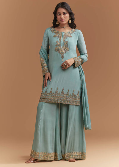 Blue Chinon Palazzo Suit With Moti And Cutdana Embroidery