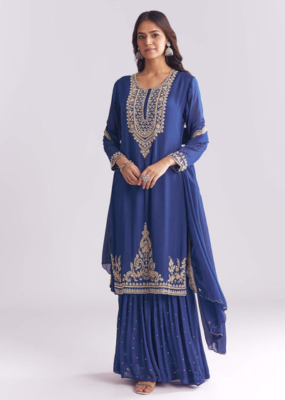 Blue Chinon Sharara Suit With Cutdana And Sequins Embroidery