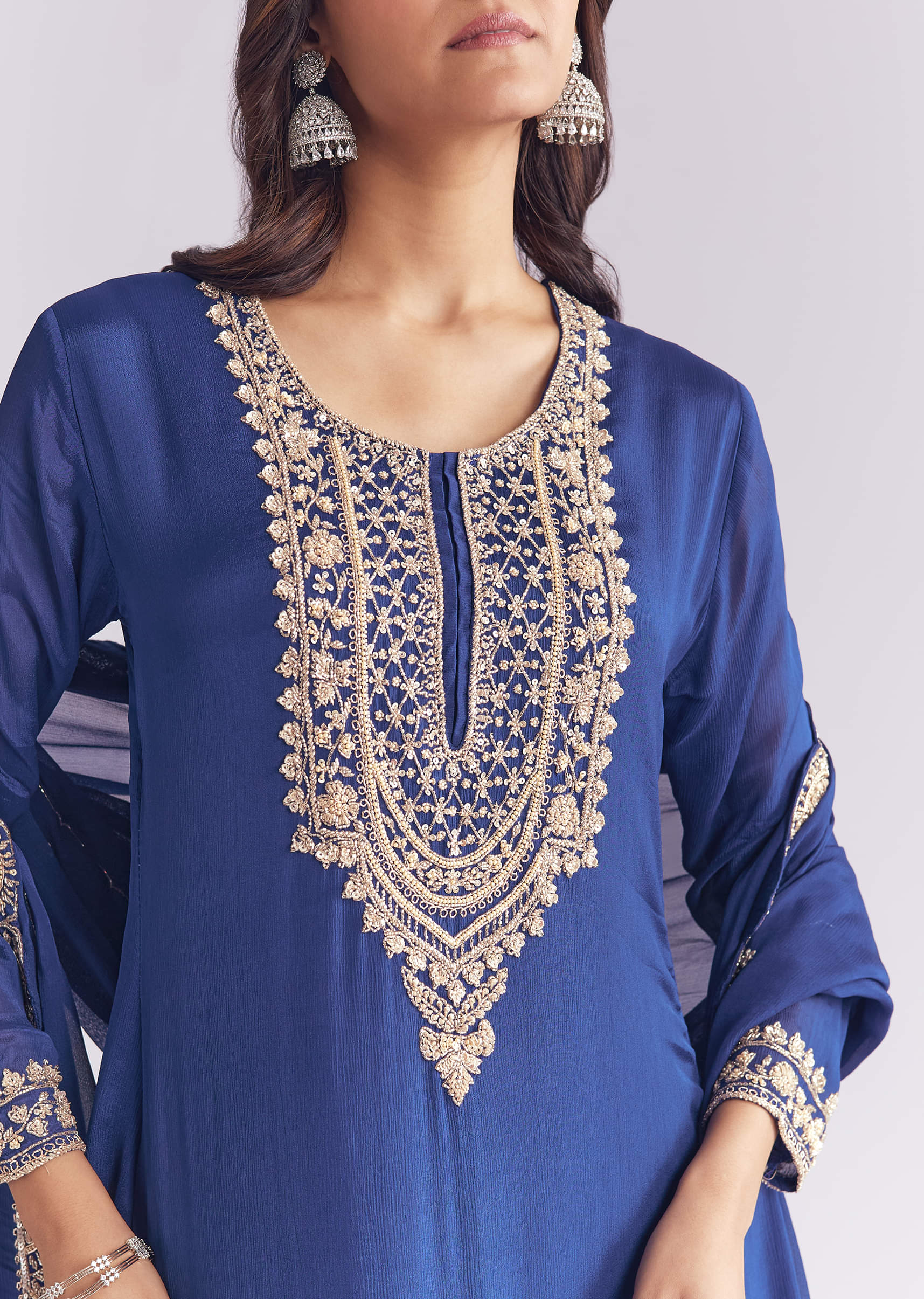 Blue Chinon Sharara Suit With Cutdana And Sequins Embroidery