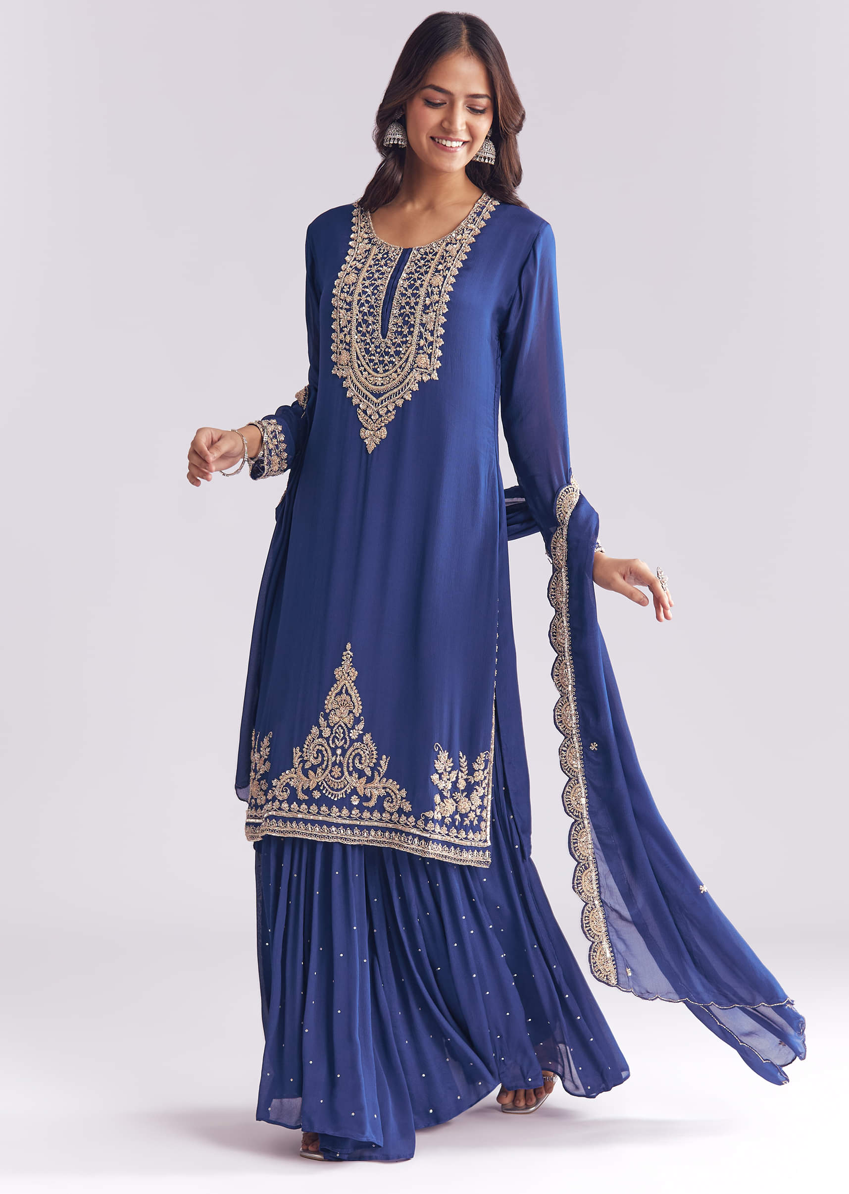 Blue Chinon Sharara Suit With Cutdana And Sequins Embroidery