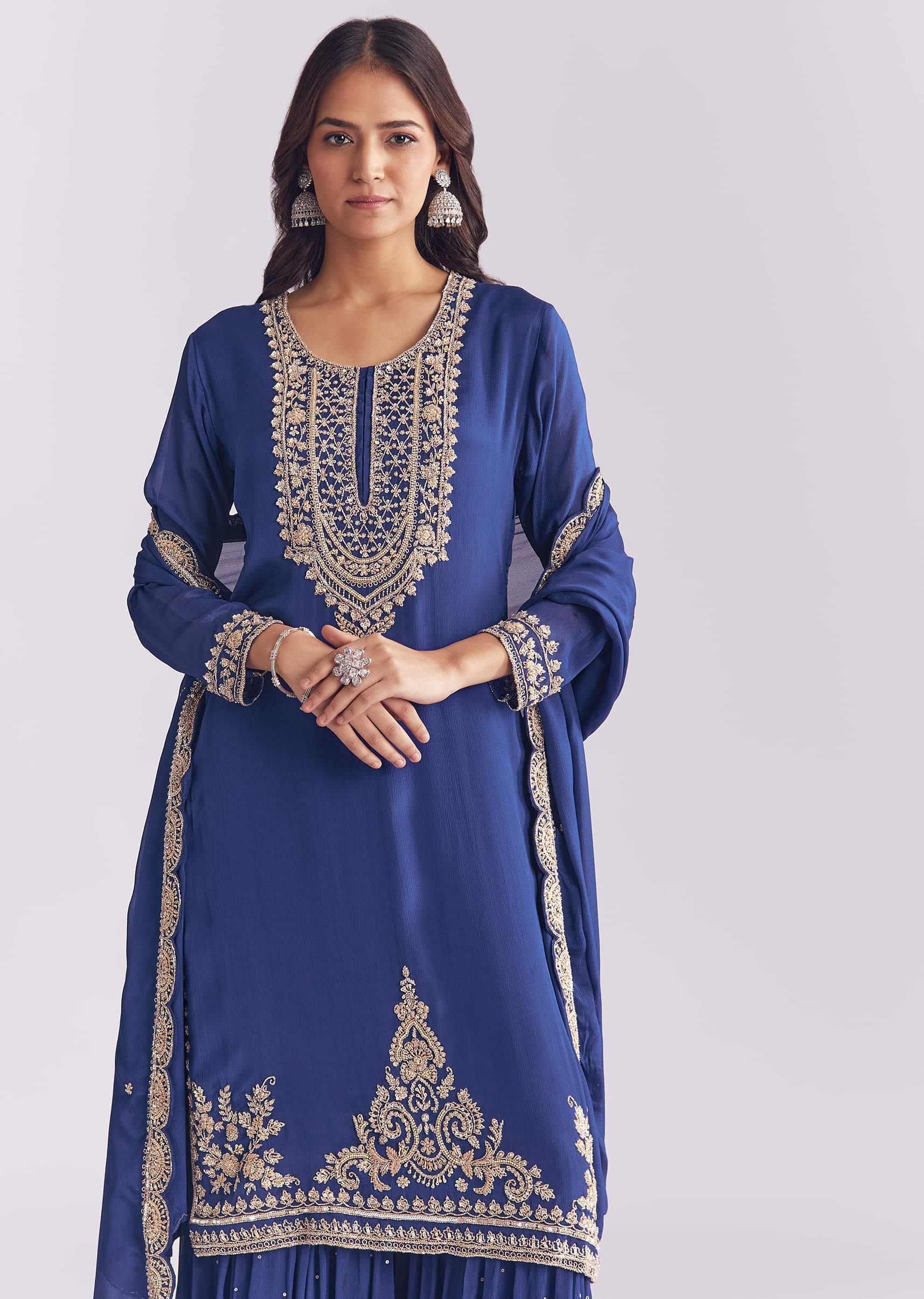 Blue Chinon Sharara Suit With Cutdana And Sequins Embroidery