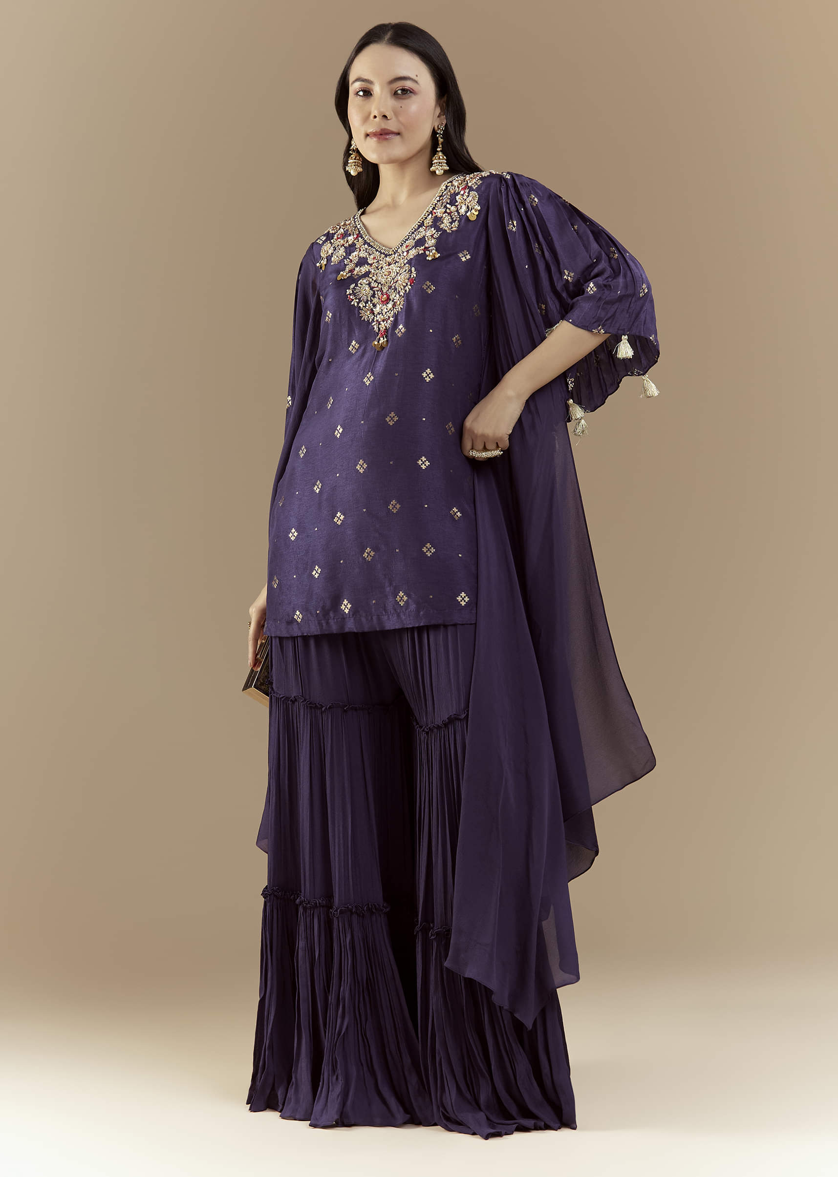 Blue Chinon Silk Sharara Set with Sequin Work