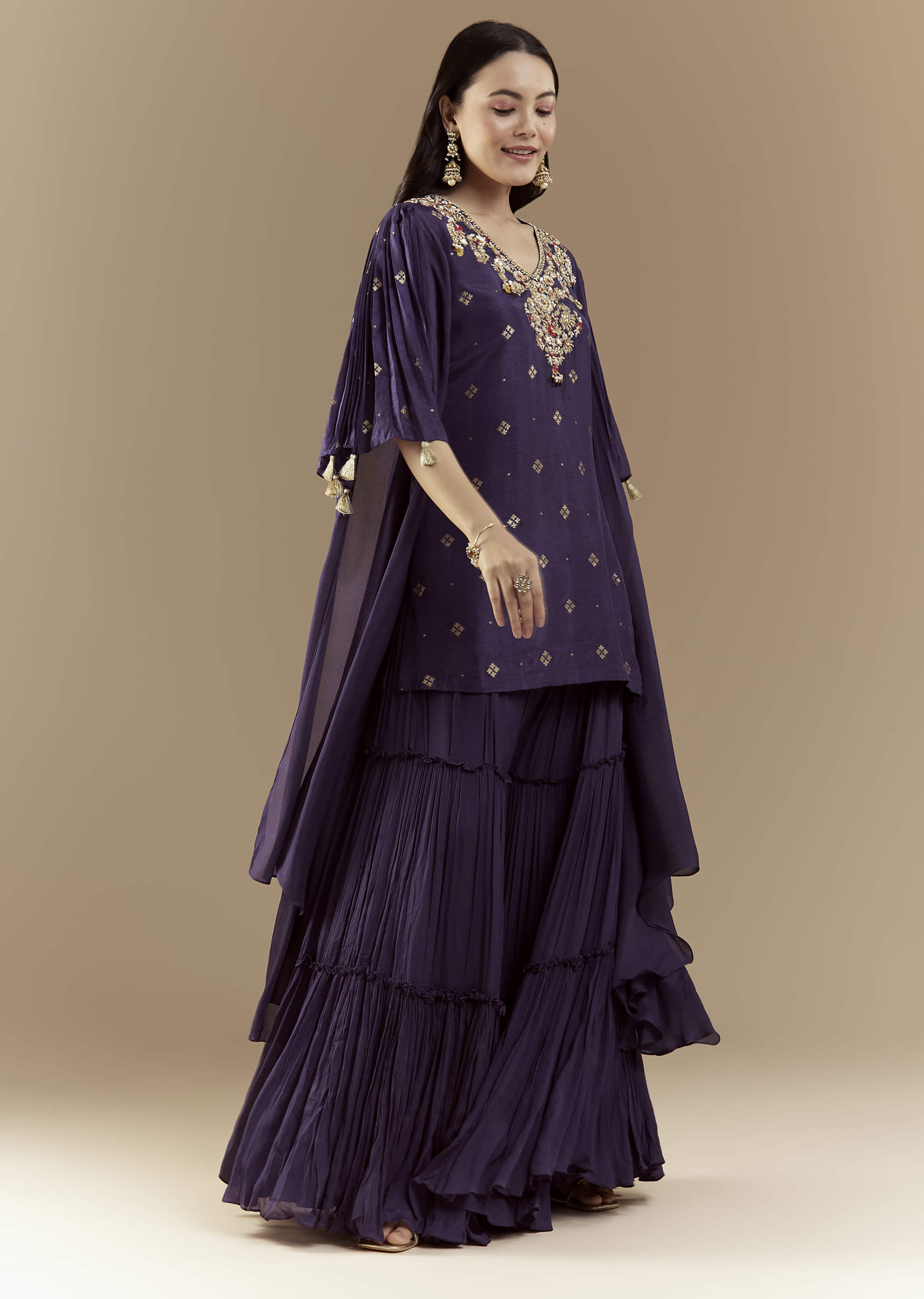 Blue Chinon Silk Sharara Set with Sequin Work