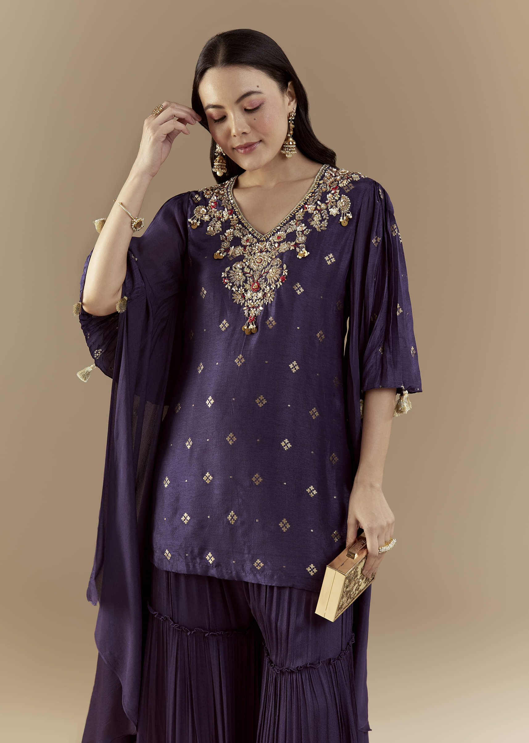 Blue Chinon Silk Sharara Set with Sequin Work