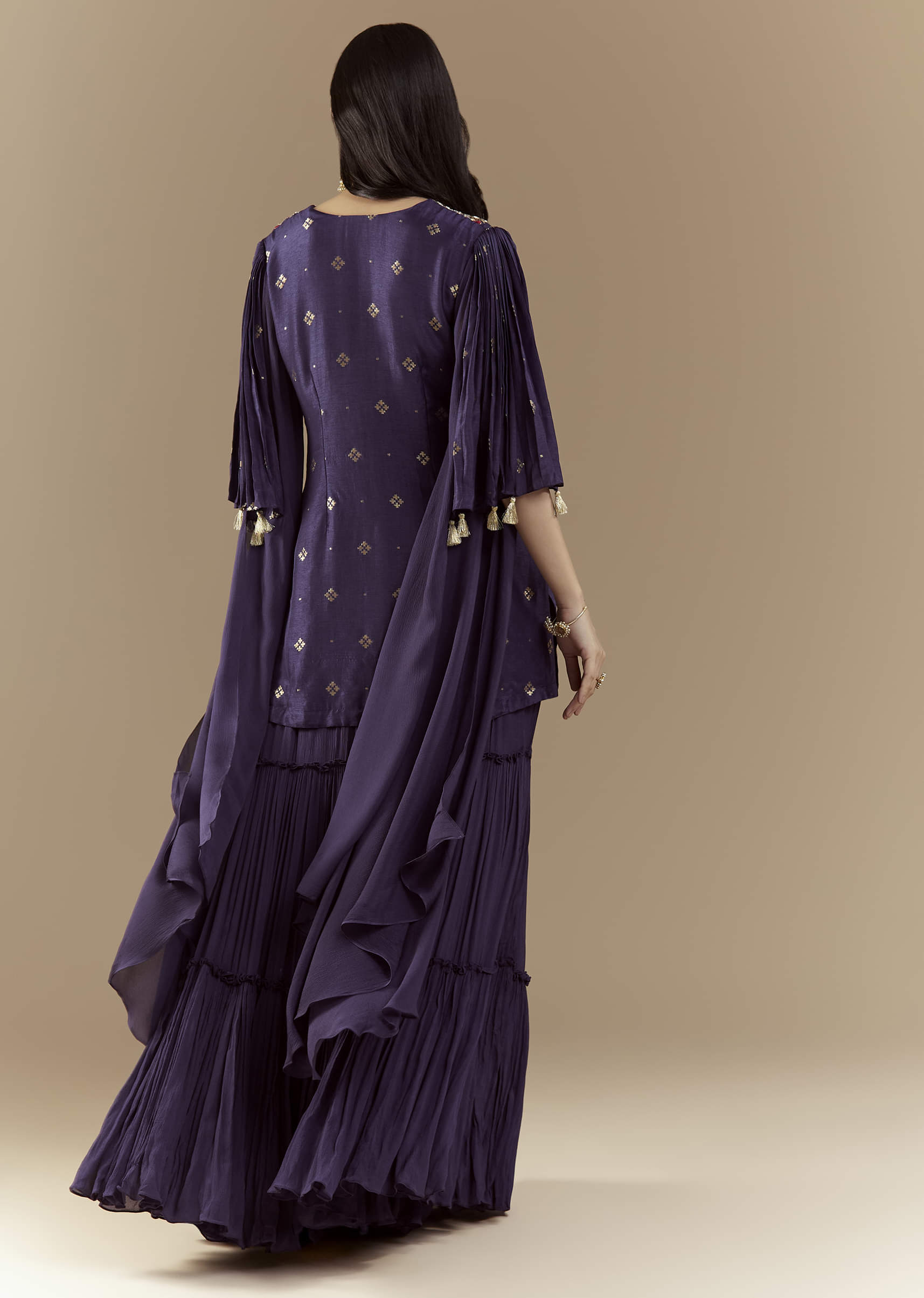 Blue Chinon Silk Sharara Set with Sequin Work