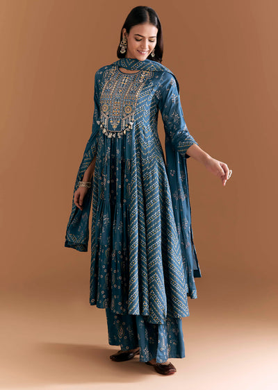Blue Cotton Embroidered Anarkali Suit With Floral And Paisley Print