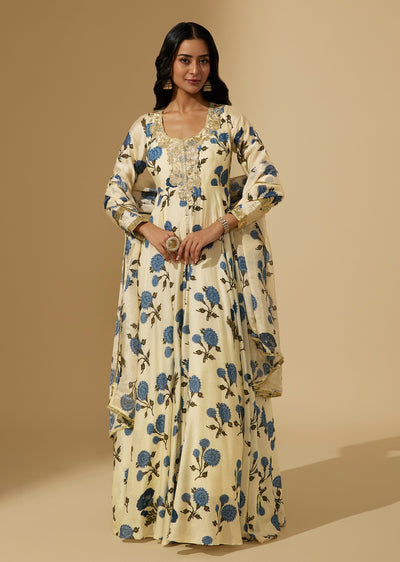 Blue Cotton Floral Printed Anarkali Suit Set With Gotta Detailing