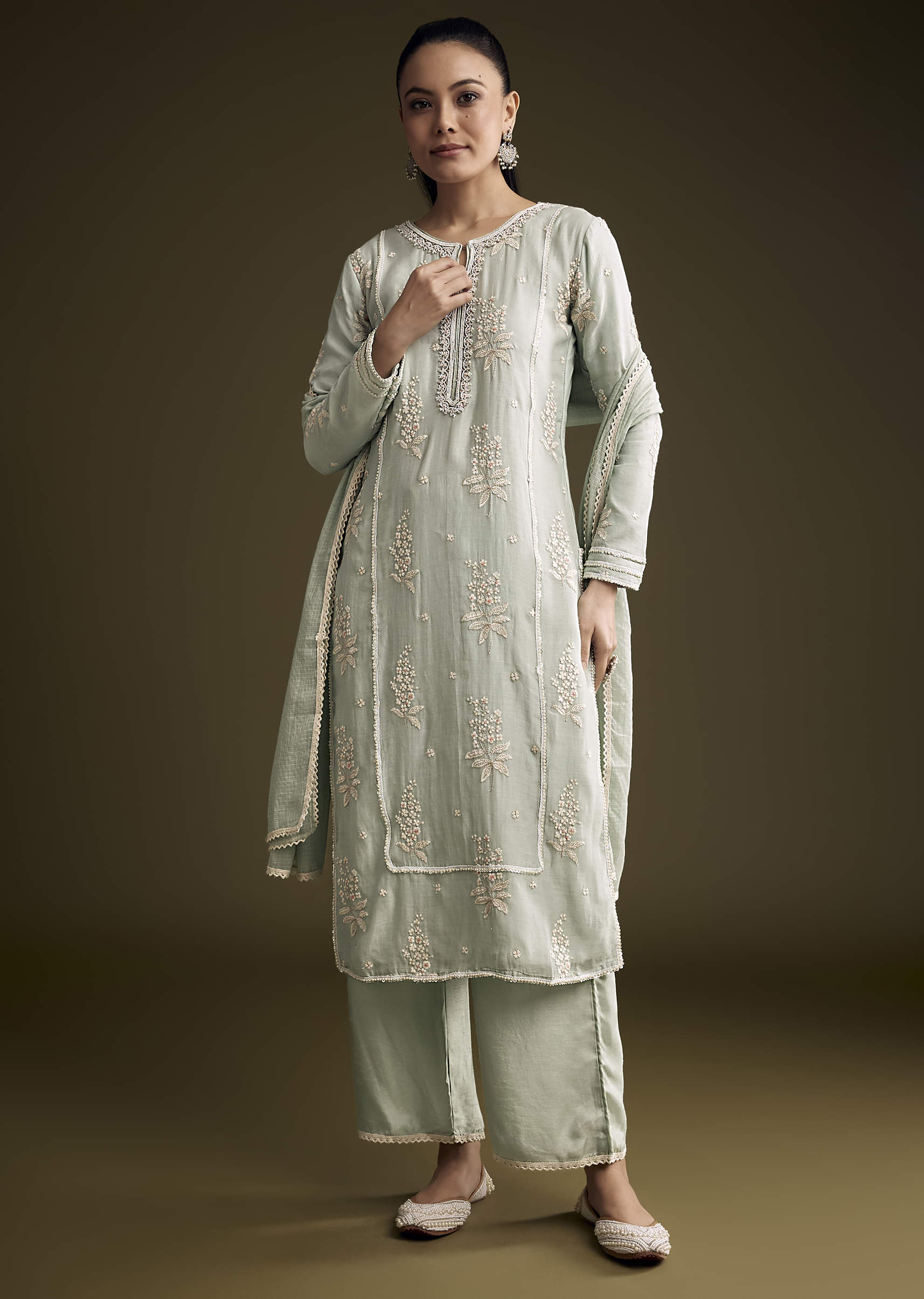 Blue Cotton Kurta Set With Intricate Resham Embroidery