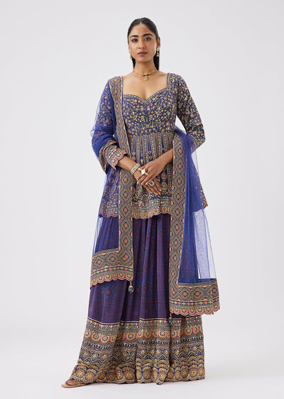 Blue Crepe Floral Print Peplum Palazzo Suit Set