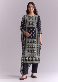 Blue Crepe Kurta Set With Indie Print And Moti Detail