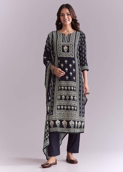 Blue Crepe Kurta Set With Indie Print And Moti Detail