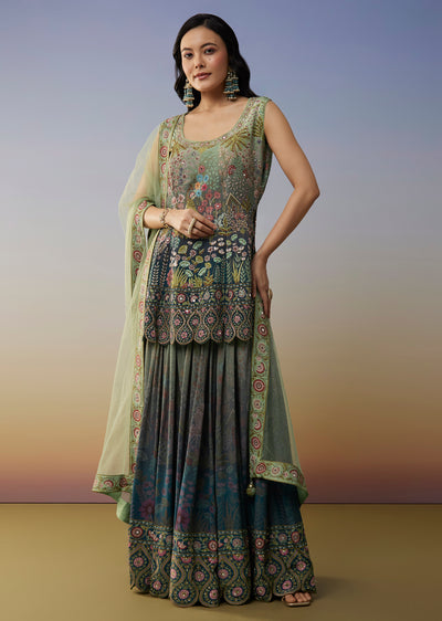 Blue Crepe Palazzo Suits with Ombre Printed Mirror Work