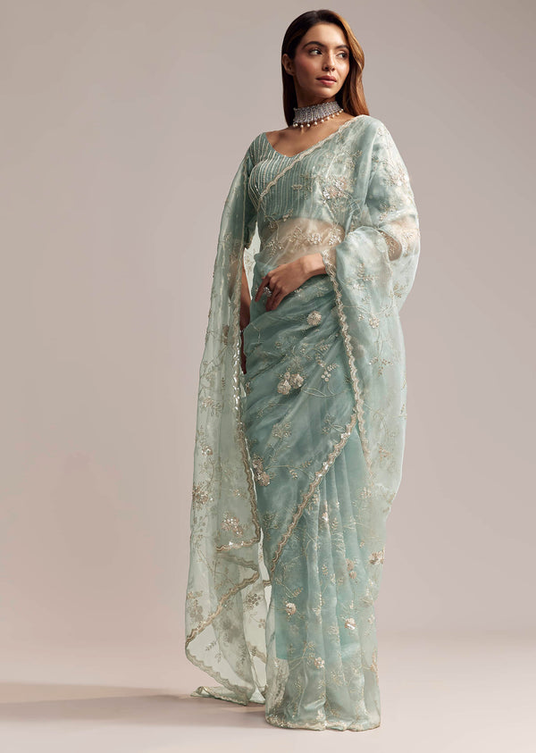 Blue Crush Tissue Saree With Heavy Floral Embroidery