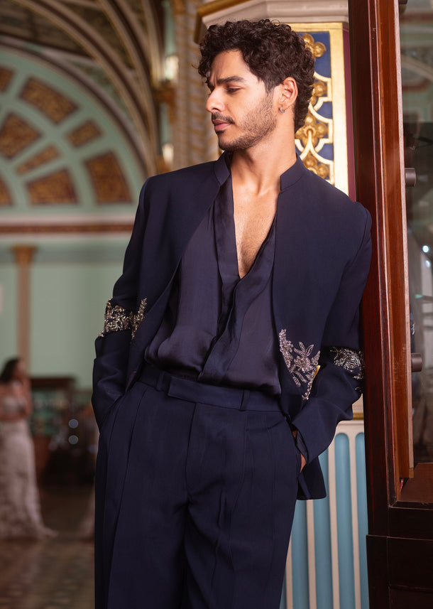 Ishaan Khatter In Our Blue Crystal Embroidered Tuxedo Set