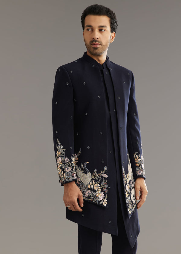 Blue Cutdana Embroidered Indo Western Set With Bird And Floral Motif
